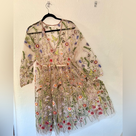 H&M Sheer Dress Floral Embroidery Butterflies Boho Whimsical Fairy Romantic - Picture 1 of 9